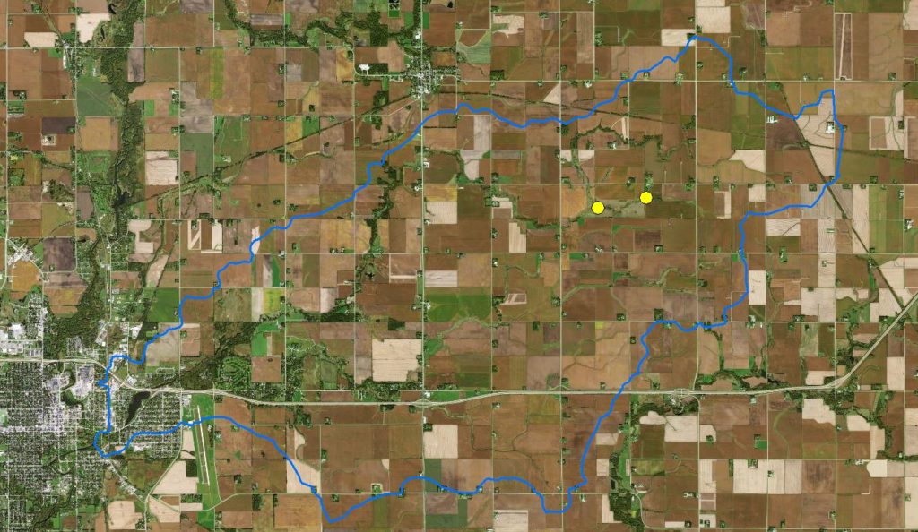 Dobbins watershed - yellow marks Dobbins 1 structure locations